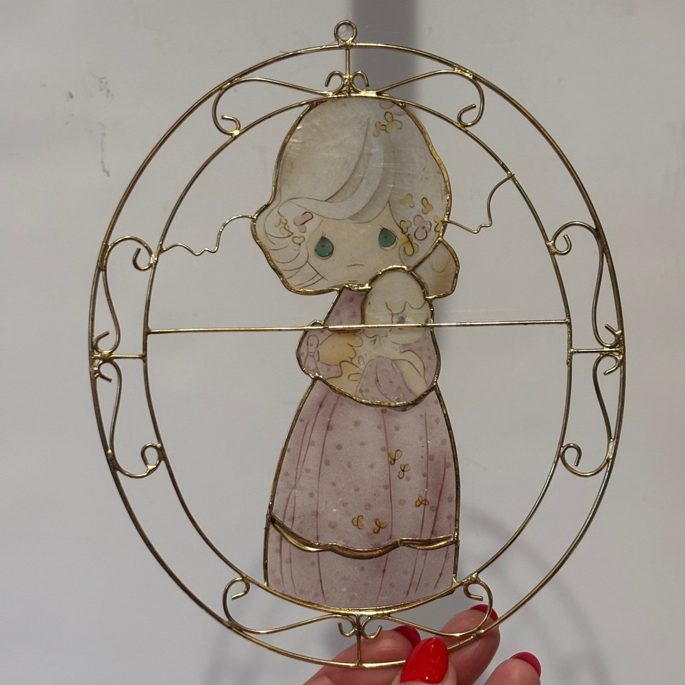Vintage Precious Moments Suncatcher Girl with Lamb Gold Tone Wire Frame Decor